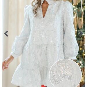 Women's Silver-White V-Neck Tiered Dress